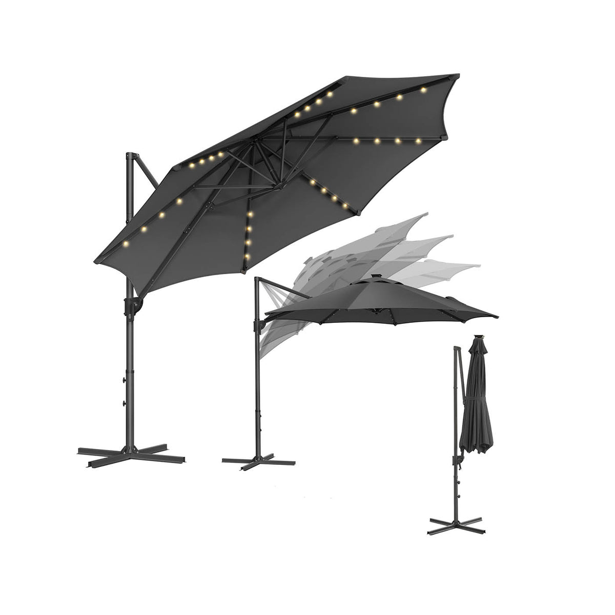 Parasol Déporté Jardin SONGMICS 300cm 28 LED Solaires UPF50+ Gris - Rotation 360° Inclinable
