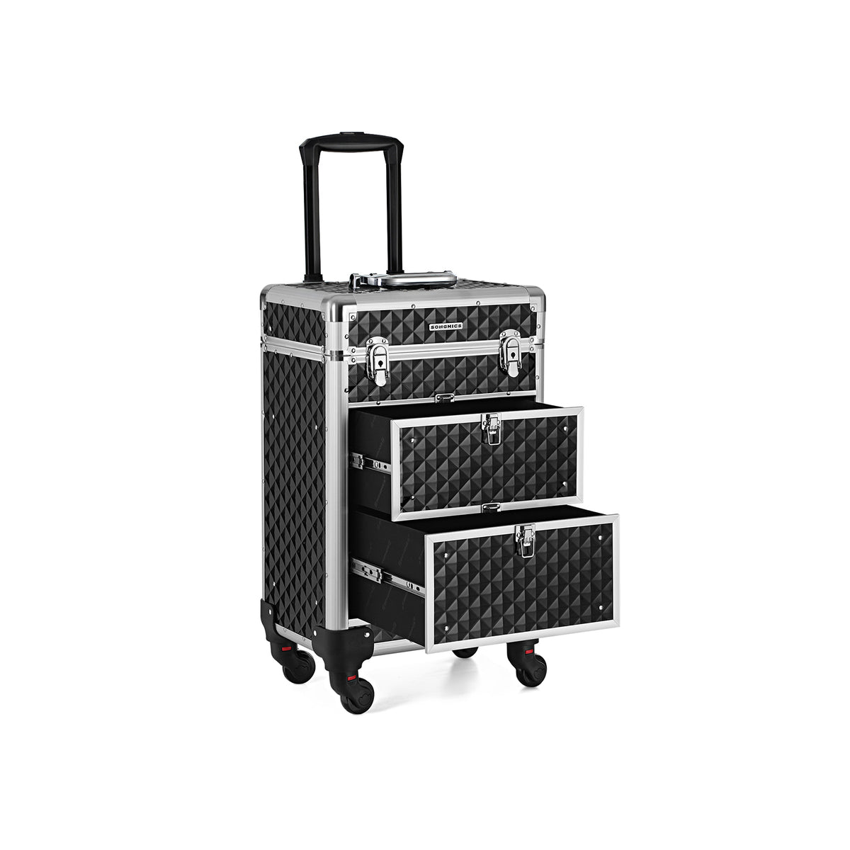 Valise Roulante Maquillage Pro - 3 Tiroirs, 107x34x27 Cm, Alliage Aluminium, Roues 360°