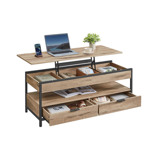 Table basse avec plateau relevable 50 x 120 cm marron camel et noir d’encre