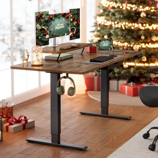 Bureau électrique réglable avec tiroir support écran et port USB Marron Rustique