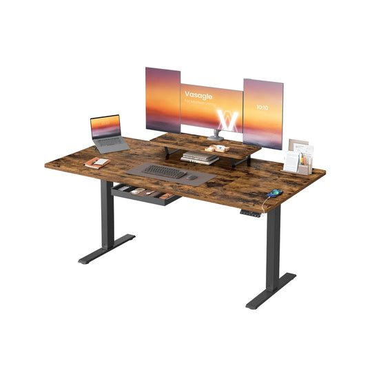 Bureau électrique réglable avec tiroir support écran et port USB Marron Rustique