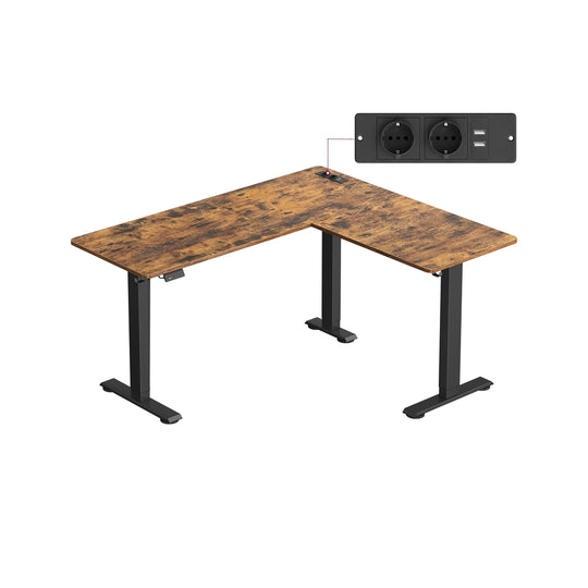 Bureau électrique réglable en hauteur 140 x 160 cm avec multiprise marron rustique et noir d’encre