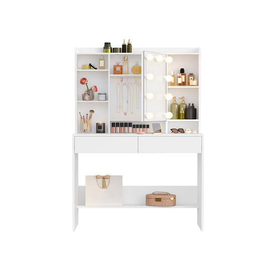 Coiffeuse avec miroir 9 lumières LED 2 tiroirs blanc nuage