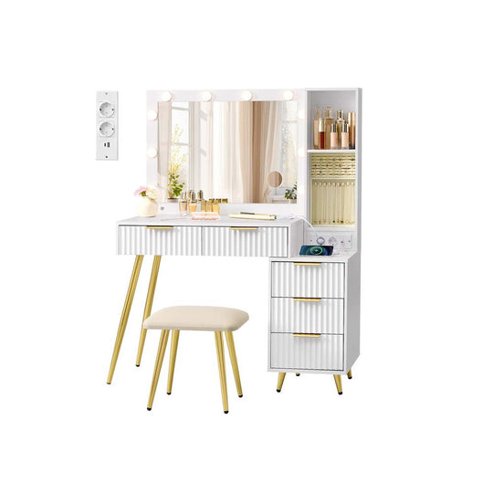 Coiffeuse avec miroir LED tabouret et tiroirs pour maquillage pratique